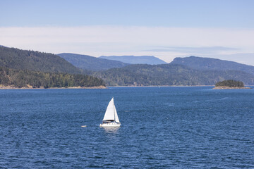 Sailboat in Canadian Landscape by the ocean and mountains. Summer Season. Gulf Islands near Vancouver Island, British Columbia, Canada. Canadian Landscape.