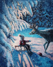 Oil Paintin On Canvas - Red Deer In A Fabulous Christmas Forest Came Out To The Child On A Background Of Snowy Trees And A Lantern. New Year Card Idea. Winter Fairytale Wonderland.