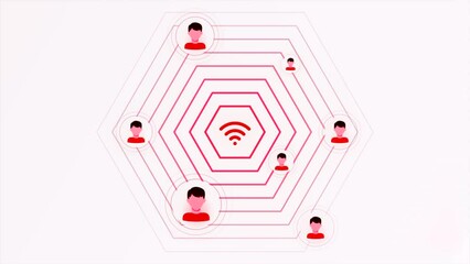 Aufkleber - Animation with Wi-Fi signal. Motion. Wi-Fi sign with moving signal and users. Wi-Fi wave signal and connected user icons on white background