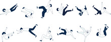 Man Stumbles And Falls, Falling Senior And Adults, Different Flat People. Men And Women In Weightlessness, Flying Isolated Recent Vector Characters