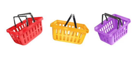 Render shopping basket. 3d shops cart selling groceries supermarket, floating plastic market bucket realistic baskets for customer goods, creative product tidy vector illustration