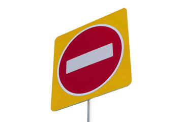 Road sign No entry. Brick sign with yellow background isolated on white background right view.