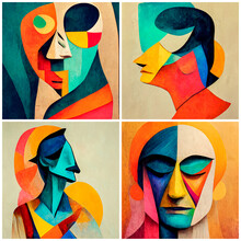 Female Portrait In The Style Of Pablo Picasso, Set Of Four Images, Abstract Painting. 3d Rendering.