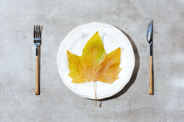 Wall Mural - autumn flat lay on grey background with cutlery