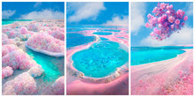 A Beach With Turquoise Water Strewn With Rose Flowers, A Set Of Three Harmonious Images. 