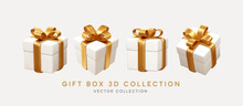 2023 3d Realistic White Gift Boxes With Gold Ribbon Gift Bow Set. Christmas Decoration Vector Illustration