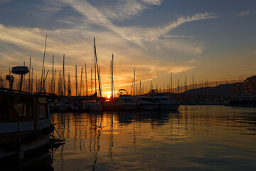 Sunrise over the harbor in Toulon, France