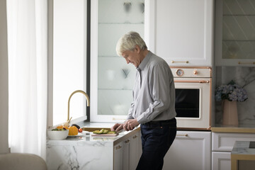 Older retired homeowner man cooking salad in modern kitchen, chopping fresh vegetables on board, preparing organic meal for dinner from natural ingredients. Healthy eating, elderly ag