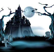 Halloween Castle Grave Yard Background With A Spooky Haunted Castle,  Trees And Graves And A Full Moon