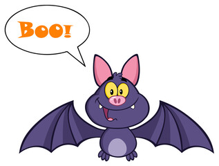 Wall Mural - Happy Vampire Bat Cartoon Character Flying With Speech Bubble And Text. Hand Drawn Illustration Isolated On Transparent Background