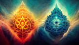 Abstract design of multicolored chakra powerful energy. Chakra mandala flower. 3D illustration.