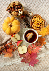 Wall Mural - tea cup, pumpkin, pretzels, nuts and autumn leaves on plaid background. home cozy composition. fall season concept. top view