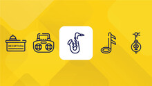 Set Of Outline Icons. Thin Line Icons Such As Hotel Receptionist, Radio Ghettoblaster, Sax, Musical Sixteenth Note, Yueqin Vector. Can Be Used Mobile, Web, Info Graph.