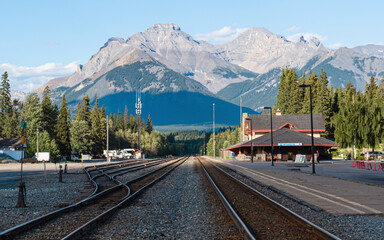 Skylines of city of Banff surrounded by rocky mountains, Calgary, Canada	