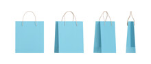 Set Of 3d Blue Paper Shopping Bags Packaging With Different Angles. Front And Side View Of Retail Purchase Packaging, Blank Mockup. Realistic Vector Illustration Isolated