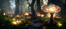 Ethereal Lighting Forest Bright Light Mushrooms Firefly Digital Artwork Illustration Paintings Hyper Realistic Renders