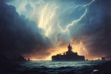 Ultra Hd Gothic Castle On An Island In A Raging Sea Digital Artwork Illustration Paintings Hyper Realistic Renders