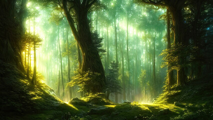 Dense dark fantasy forest, with big trees, green, sunset light. The magical atmosphere of the forest, fairy forest, magic light. 3D illustration