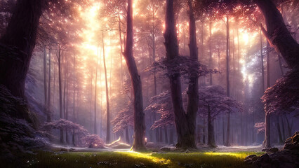 Dense dark fantasy forest, with big trees, green, sunset light. The magical atmosphere of the forest, fairy forest, magic light. 3D illustration