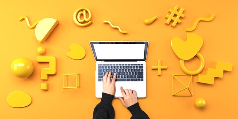 Poster - Person using a laptop computer with geometric shaped objects from above