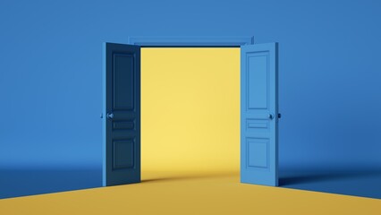Wall Mural - 3d render, blue yellow background with double doors opening. Architectural design element. Modern minimal concept. Opportunity metaphor