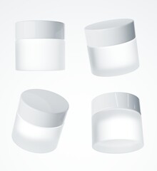 Wall Mural - four different views of frosted glass cream jar with plastic cap, 3d render cosmetic product packagi