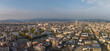 Panoramic aerial view of Japanese castle and Imabari city center 