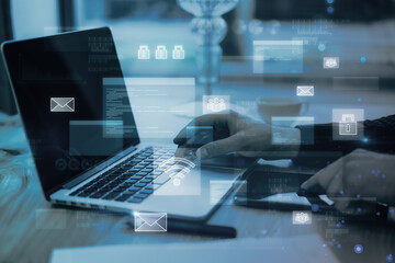Aufkleber - Close up of businessman hands using laptop and tablet with abstract glowing digital transformation hologram on blurry background. Double exposure.