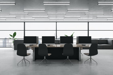 Poster - Clean designer coworking office interior with furniture and window with city view. 3D Rendering.