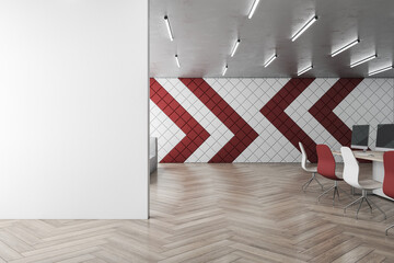 Poster - Modern designer coworking office interior with wooden flooring, furniture and blank white mock up place on wall. 3D Rendering.