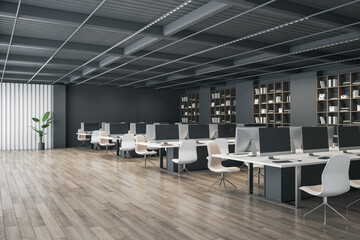 Poster - Modern designer coworking office interior with wooden flooring, furniture, bookcase and equipment. 3D Rendering.
