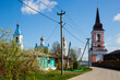 Picturesque countryside of Russian town of Belyov with restored gate bell tower of Holy Cross Monastery