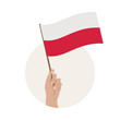 Biało-czerwona flaga w uniesionej dłoni. Flaga Polski. Ilustracja wektorowa. Narodowe Święto Niepodległości.