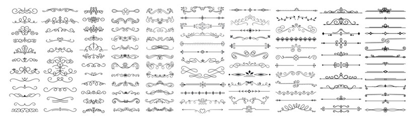 Wall Mural - Vintage border big set. Collection of graphic elements for website. Decoration and black ornament with curved lines in vintage style. Cartoon flat vector illustrations isolated on white background