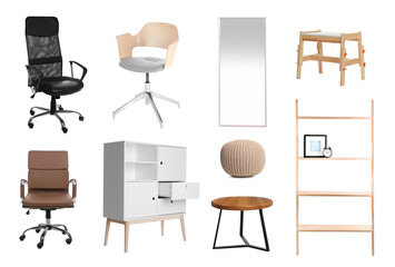 Collection of different stylish furniture on white background