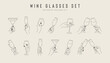 Set volume three of hands with wine glasses. Vector line collection of hold hand drinks. Design template for restaraunt logo, alcohol label, cocktail emblem, wine bar or drink store stickers.