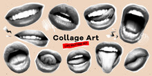 Collage Mouth Set With Grunge Elements. Halftone Lips For Banner, Graphic, Poster, Illustration. Vector Set Of Scream, Kiss, Smile, Tongue, Open Mouth. Texture Elements On Transparent Background.