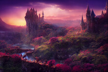 Fantasy Landscape Painting, Castle And Village, Imaginary World