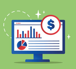 Poster - banking and finances. computer with graphs and charts, work with statistics. estimation of income an