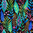 Colorful seamless pattern with bright tropical leaves and flowers. Hand drawn detailed illustration with rainforest jungle plants.