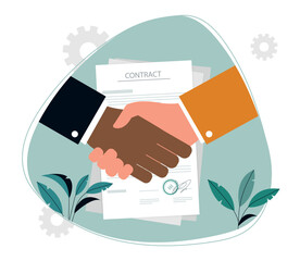 People shake hands. Investor and entrepreneur signed contract, metaphor for successful negotiations. Businessmen next to document. Partnership and collaboration. Cartoon flat vector illustration