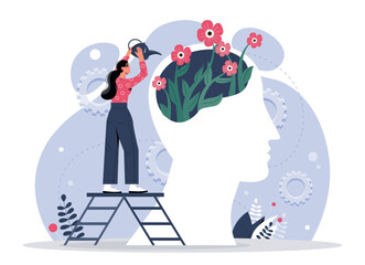 Mental health concept. Woman planting flowers in abstract head silhouette. Mindfulness, positive thinking and optimism. Psychology, consciousness and subconsciousness. Cartoon flat vector illustration