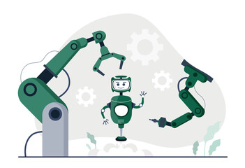 Poster - Robot manufacturing concept. Modern technologies and digital world. Production automation and artificial intelligence. Futuristic scene, poster or banner for website. Cartoon flat vector illustration