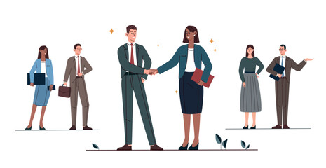 Poster - people shake hands. man and woman make deal, entrepreneur and investor had successful negotiations. 