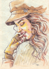  portrait of a person with a hat watercolors for card illustration background