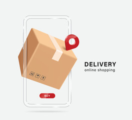 Sticker - Parcel box and there is pin for delivery location for customers to pin in middle and all object pop-up in front of smartphone is shiny clear glass,vector 3d for delivery and online shopping concept