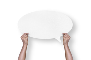 hand holding round white paper bubble speech bubble isolated on transparent background