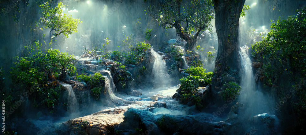 A beautiful enchanted forest with big fairytale trees, waterfall and ...