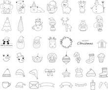 Cute Christmas Element Cartoon Bundle 
Outline,hand Drawn, For Christmas ,kids,baby Animal Characters, Card.vector Illustration