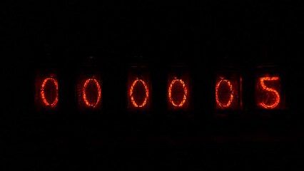 Poster - Retro Nixie lamp indicator clock on dark background. The Nixie tube indicator of the numbers of retro style.